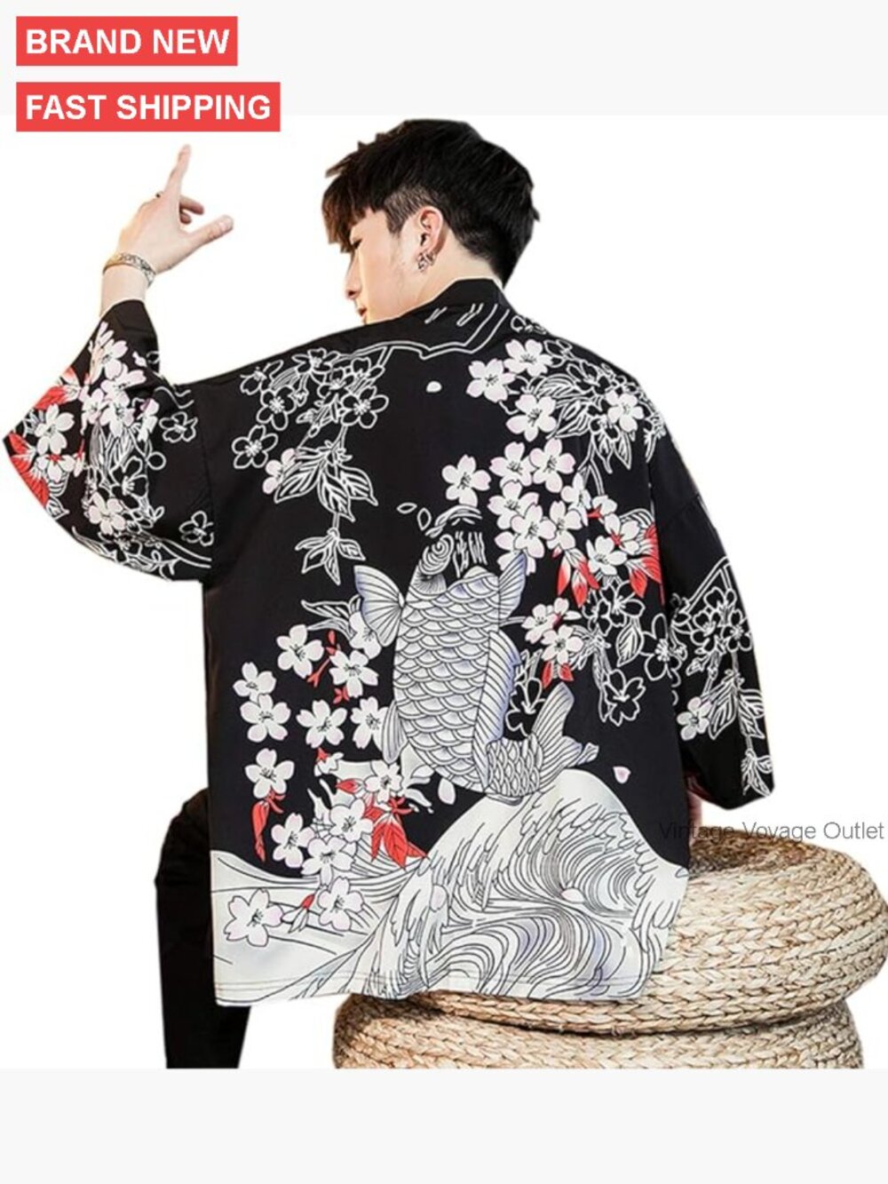 Men's Polyester Kimono Cardigan Jacket Loose Fit Open Front Coat